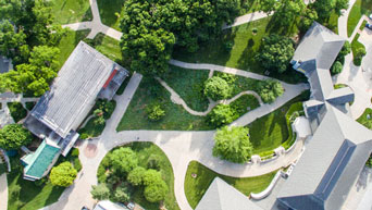Aerial view of sidewalks on campus 
