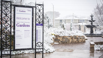 Welcome sign at K-State Gardens 