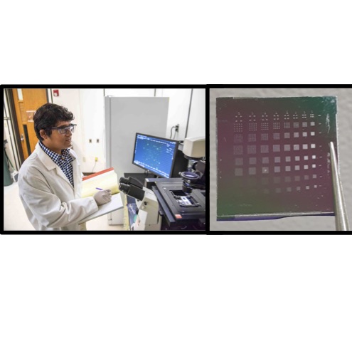 Left: Chemical engineering graduate student Niloy Barua screens bacteria using the microwell recovery array. Right: The microwell array contains tens of thousands of microwells for high-throughput screening of bacteria interactions.