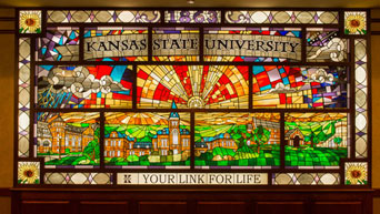 Stained-glass mural, "A Spot I Love Full Well," at the K-State Alumni Center 