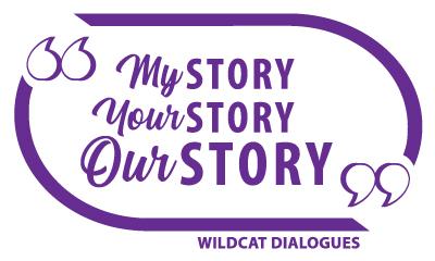 purple wildcat dialogues logo with the words my story your story our story