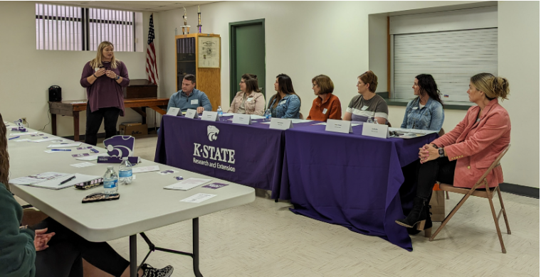 Tim Steffensmeier, K-State assistant vice president and director of engagement and outreach, engages with community members during the Norton County open forum. 