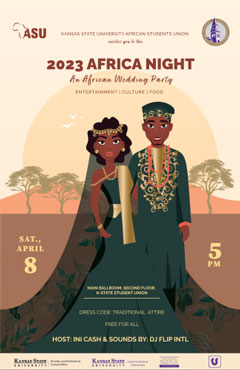 Africa Night Flyer with Ghanian bride and NIgerian groom dressed in matching traditional attire and adorned in traditional jewelry