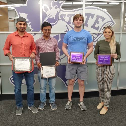 Graduate Student award winners from the Alan Levin Department of Mechanical Engineering. Pictured, from left: Veeshal Modi, Sonjoy Dey, Luke Stegeman, Robyn Hutchins. 