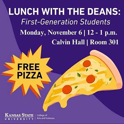 graphic showing lunch with the deans info and piece of pizza