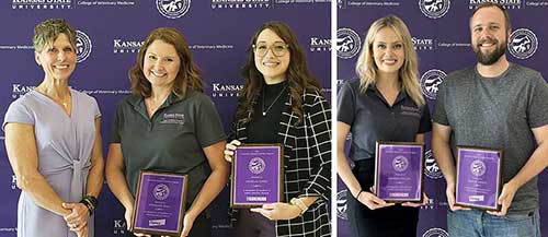 Jennifer Schofield, Elanco representative, presents the Elanco Veterinary Research Mentor Award to Drs. Stephanie Hall and Phillip Shults. pictured with their students, Danielle Lopez and Amanda Fideldy,.