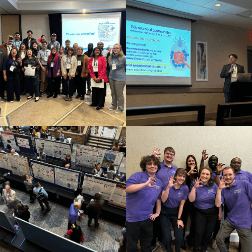 Top left – Group photo after award luncheon, top right - Andrés F. Holguín-Rocha giving his presentation, bottom left – an overview of the student poster session, bottom right – some members of the K-State Entomology Academic Teams after competing in the 