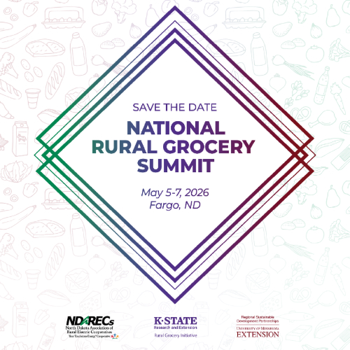 Save the date graphic for the 2026 National Rural Grocery Summit to be held from May 5-7, 2026 in Fargo, North Dakota