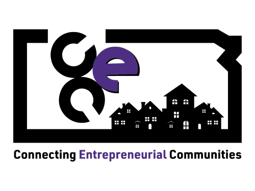 Connecting Entrepreneurial Communities Logo - state of Kansas with houses inside it. 