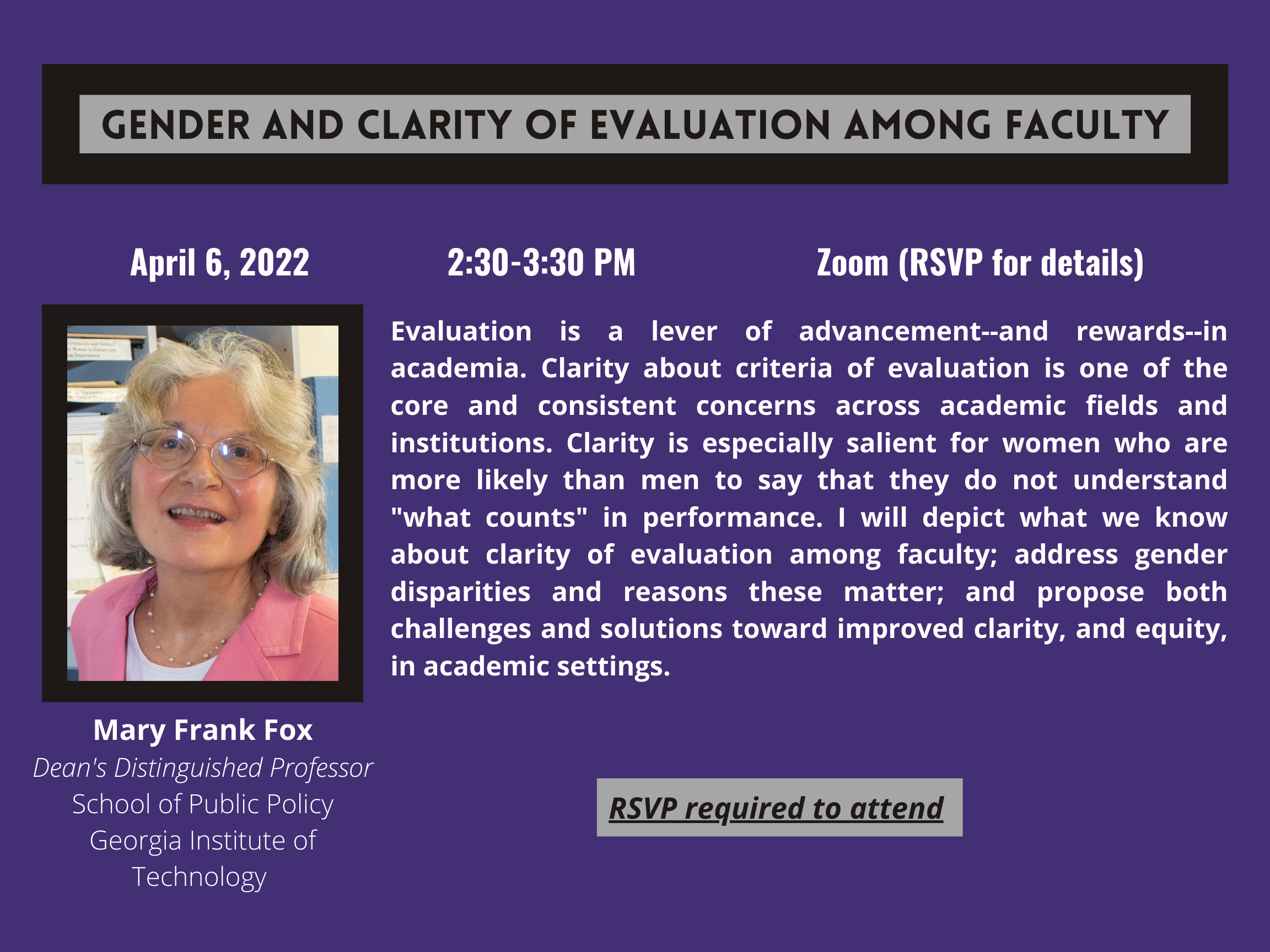 Flyer advertising Dr. Mary Frank Fox's Inclusive Leadership Series event on April 6 2022 from 2:30 to 3:30 pm