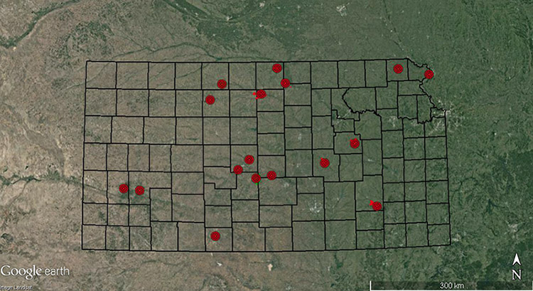 Spatial distribution of reported avian disease outbreaks in Kansas during 1967-2014. Note: Location of icons are approximate to disease location