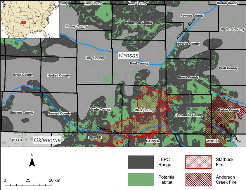 Perimeter of the Starbuck and Anderson Creek fire in the Mixed Grass Prairie Ecoregion of Kansas, estimated potential habitat from Sullins (2017), and the presumed range of lesser prairie-chicken from Hagen and Giesen (2005). Post fire research will focus on the Clark County portion of the Starbuck fire.