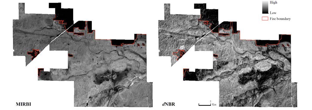 The Mid Infrared Burn Index (left) from March 8, 2017, and Normalized Burn Ratio (right) from March 1 and 8, 2017, calculated using Landsat 8 imagery downloaded from the USGS Earth Explorer website.