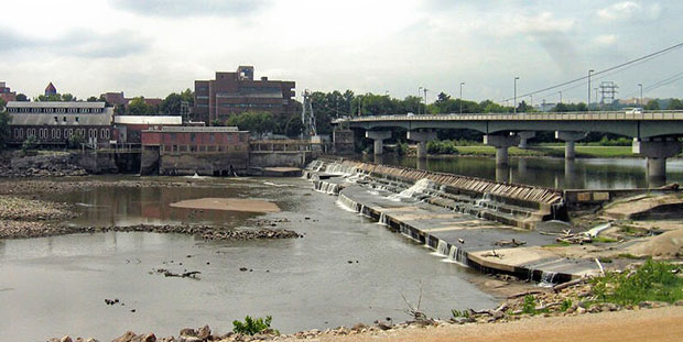 The Kansas River at Lawrence showing the Bowersock Dam (right) and power station (rear center) at a period of very low water flow.