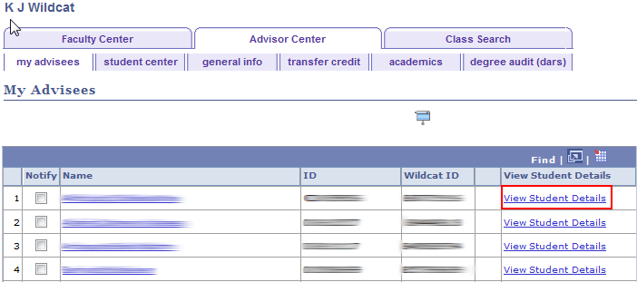 In the click Advisor Center click View Student Details