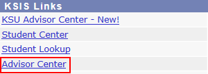 Picture of the KSIS Links box, the Advising Center link highlighted.