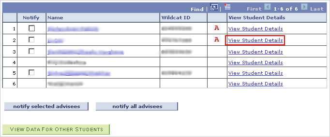 Advisee list, with the View Student Details link highlighted