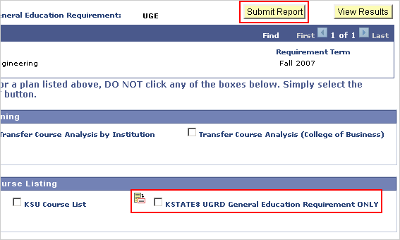 Picture of the DARS page with the K-State 8 requirements box, and Submit Report button highlighted.