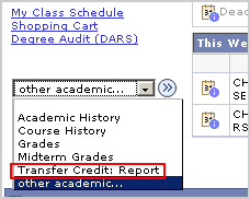 Picture of the Other Academic... drop list, with the Transfer Credit Report ooption highlighted