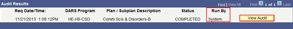 The DARS Audit page with a System Run audit
