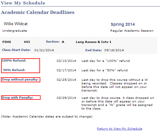 Picture of the Refund and Drop Dates List