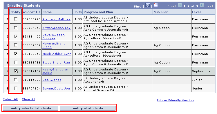 Picture of the Class Roster with students checked for notification and the two notify buttons highlighted.
