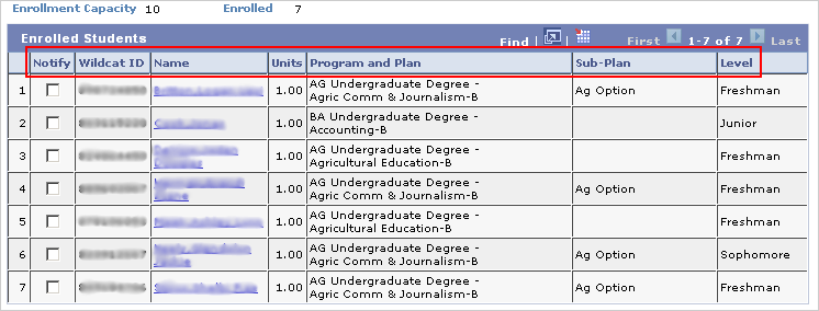 Picture of the Class Roster with the headings for the columns highlighted.