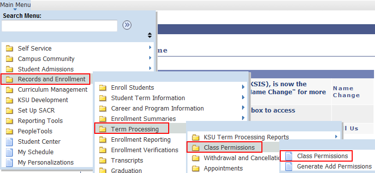 Navigation to click Records and Enrollment, Term Processing, Class Permissions, Class Permissions 