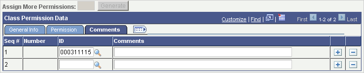 Picture of the Class Permission Data group, Comments tab