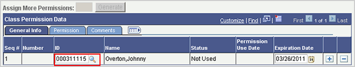 Picture of the Class Permission Data group, with the ID field highlighted