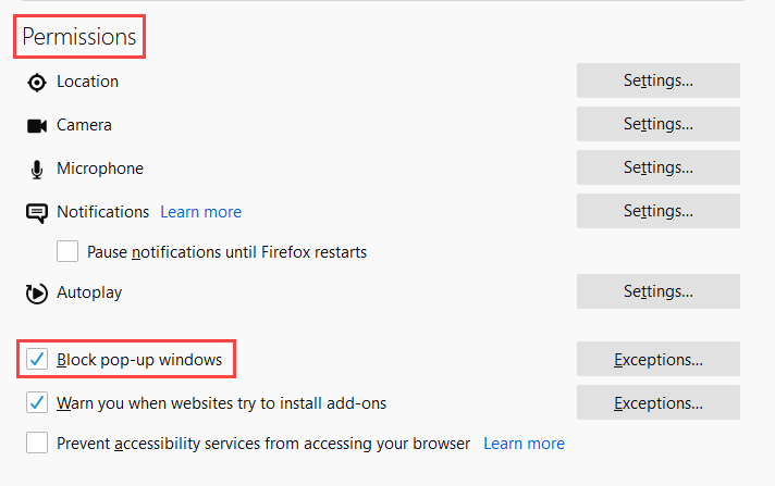 Under Permissions uncheck Block pop-up windows