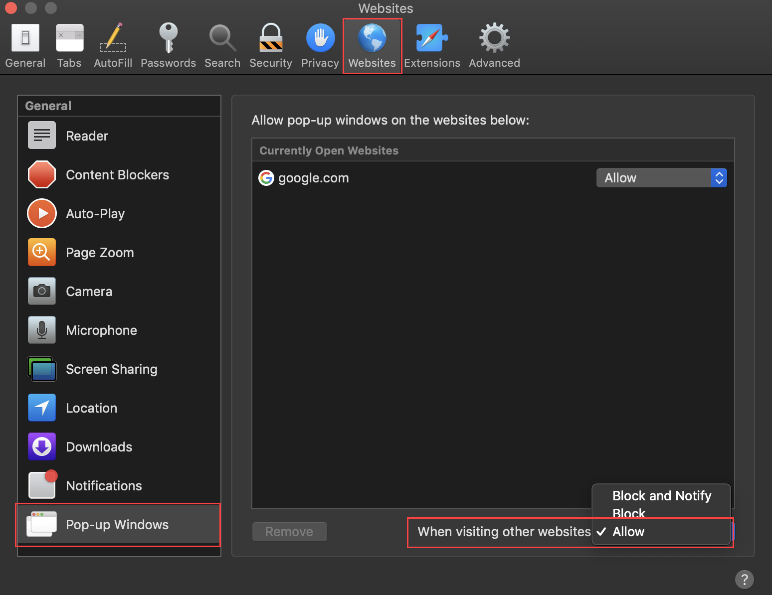 Select Websites, then Pop-Up Windows and Allow