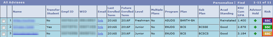 Click the SSC icon on the right of the student data