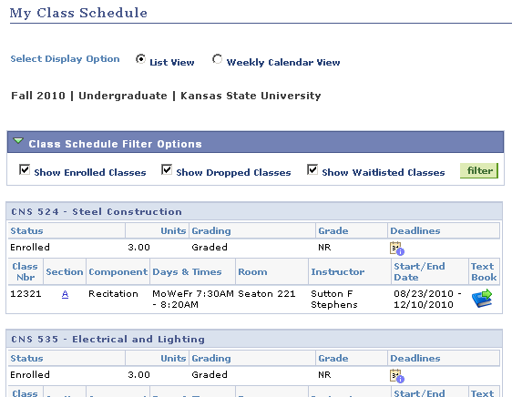 Image of Class Schedule list view
