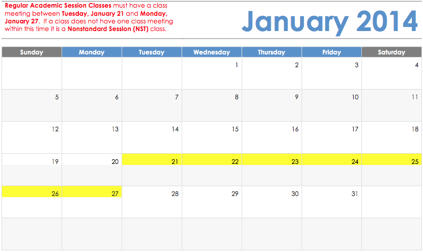 Fall 2013 Regular versus NonStandard Definitions - Calendar View