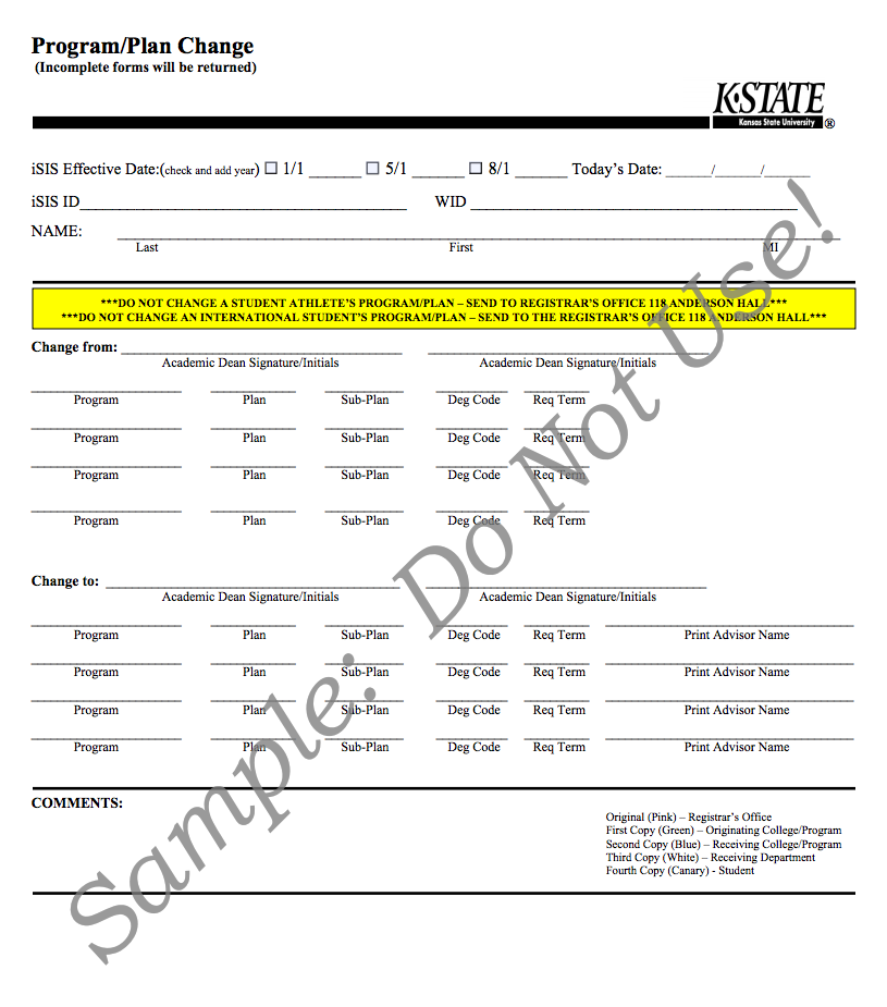 Sample student program plan change form