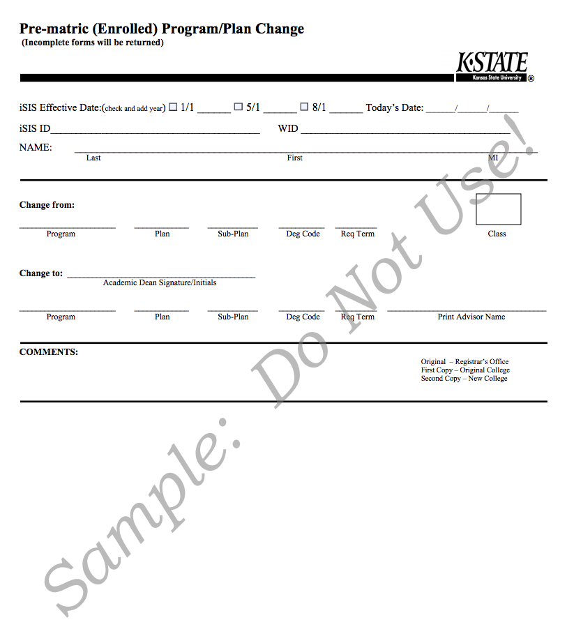 Student Program Plan Change Form - Pre-matriculation