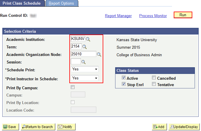 Picture of the Class Schedule report criteria