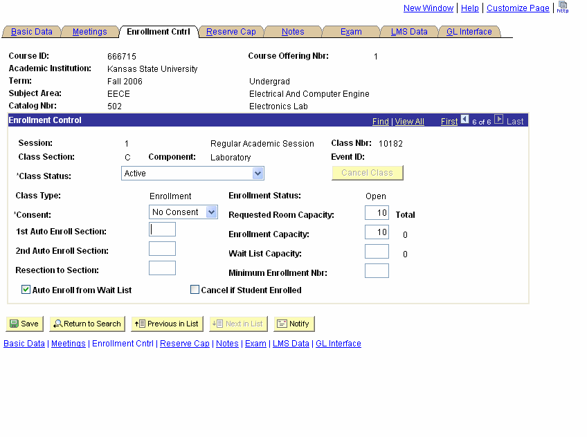 Maintain Schedule of Classes - Enrollment Ctrl
