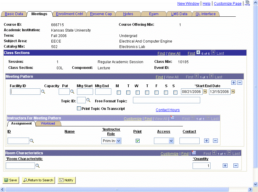 Maintain Schedule of Classes - Meetings tab