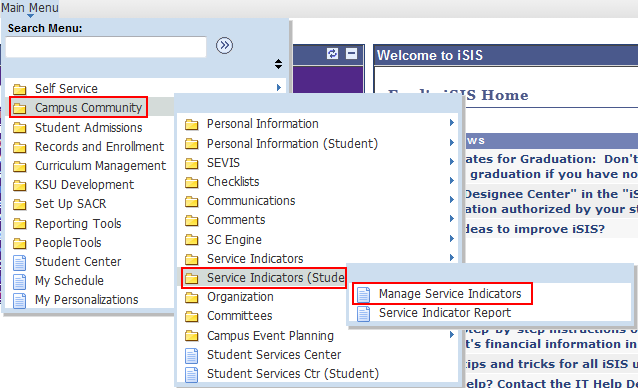 Navigate to Manage Service Indicators