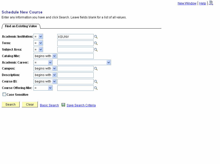 Schedule New Course - Find an Existing Value