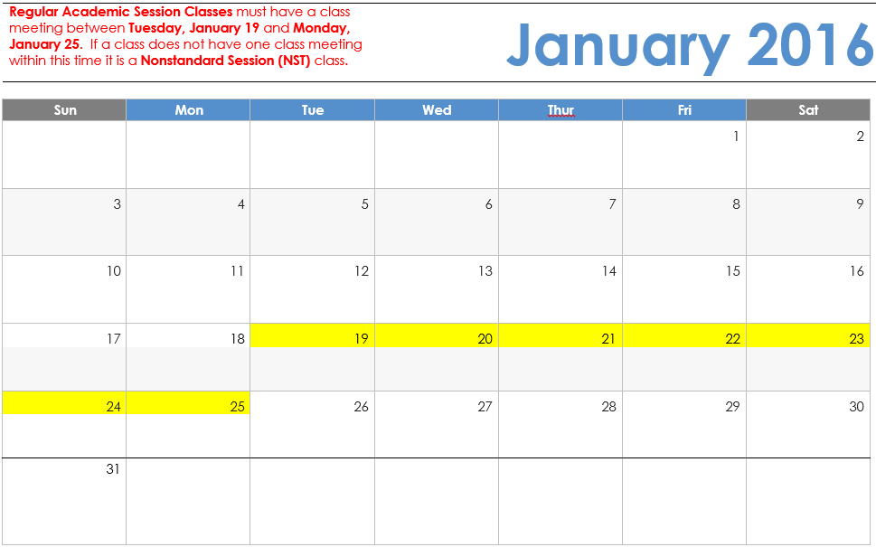 Spring 2016 Regular versus NonStandard Definitions - Calendar View