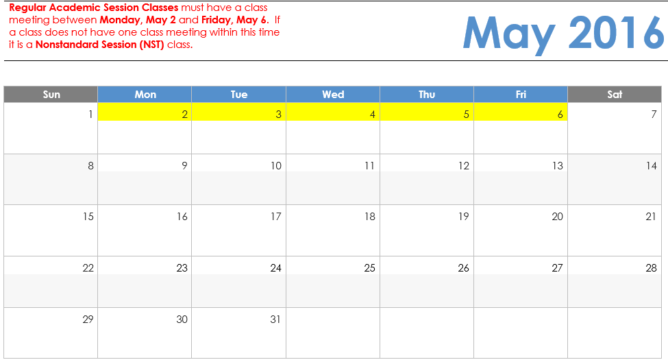 Spring 2016 Regular cs. NonStandard Definitions - Calendar