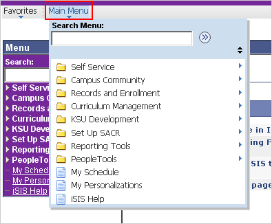 Picture of the KSIS Home Page, the Main Menu breadcrumb is highlighted.