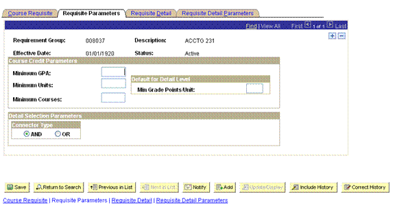 Requisite Parameters Page