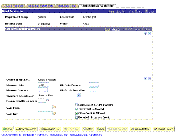 Requisite Detail Parameters Page