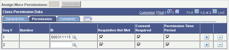 Picture of the Class Permission Data group, Permission tab