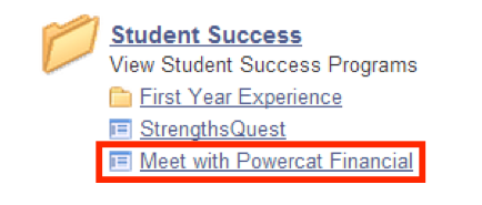 Picture of Student sucess menu open with Meet with Powercat Financial highlighted