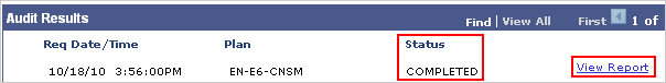 Picture of the DARS Request page with the COMPLETED status and the View Report link highlighted.
